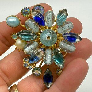 Vintage Judy Lee Art Glass Blue Spray Flower Brooch Pin READ